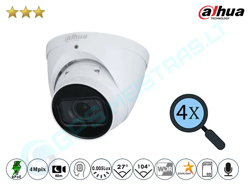 Dahua Kupolinė IP Kamera 4Mpix Raiška, Zoom 4x, 3441DZ