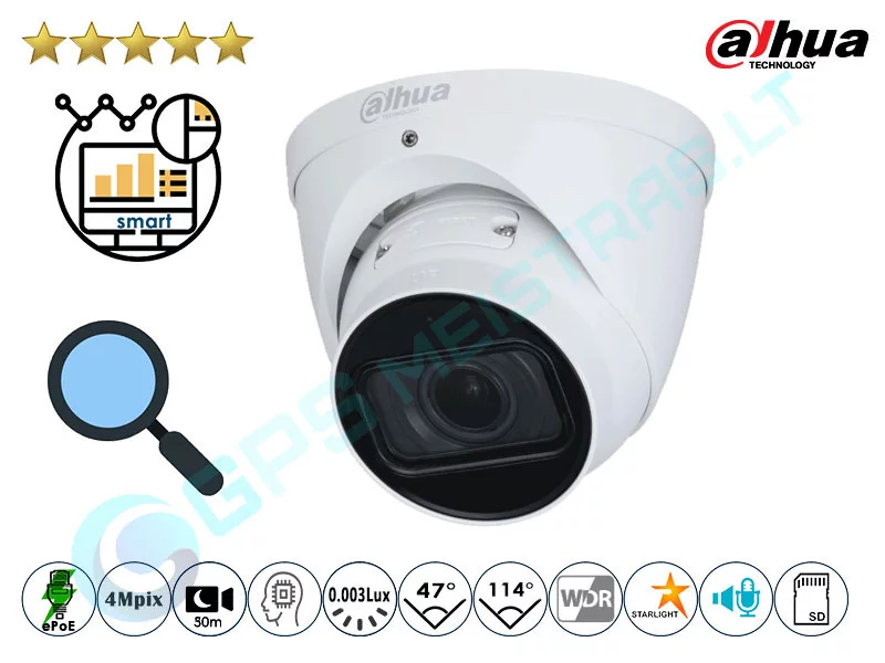 Dahua Kupolinė IP Kamera 4Mpix Raiška, Zoom 4x, Pro AI, 5442DZ