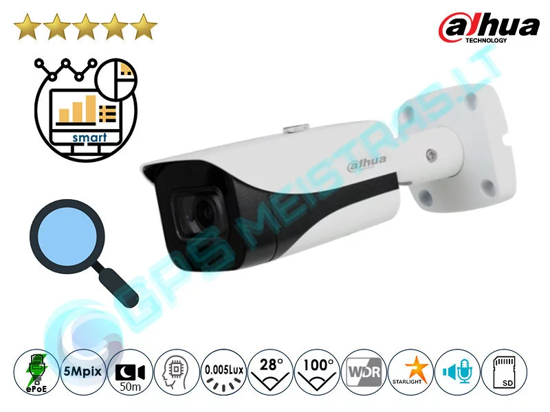 Dahua Cilindrinė IP Kamera 5Mpix Raiška, Pro AI, Zoom 4x 5541Z